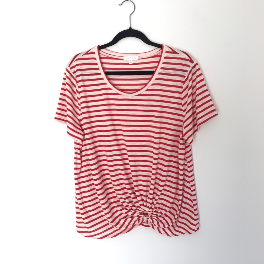 Stitch Fix Nine Britton Gathered Front Red White Striped Short Sleeve Tee Shirt